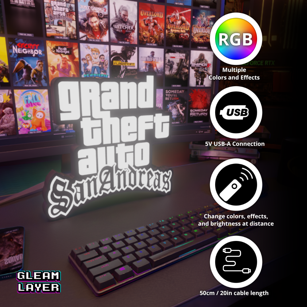 GTA San Andreas Logo Grand Theft Auto Led Gaming Light Sign