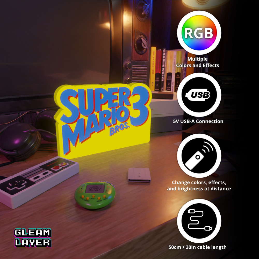 Super Mario Bros 3 Led Retro Logo Gaming Light Sign