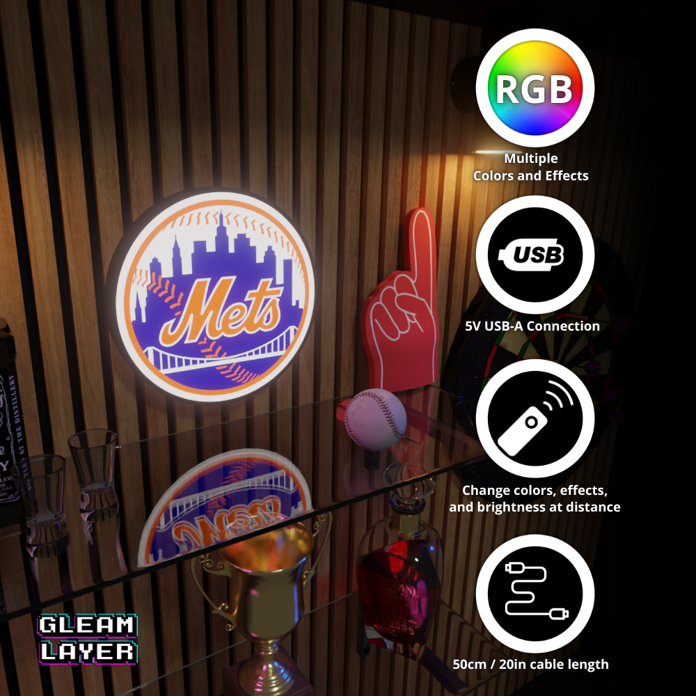 New York Mets Led Light Box MLB Sports Bar Major League Baseball Wall Sign