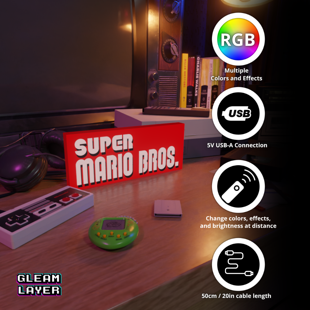 Super Mario Bros Led Retro Logo Gaming Light Sign