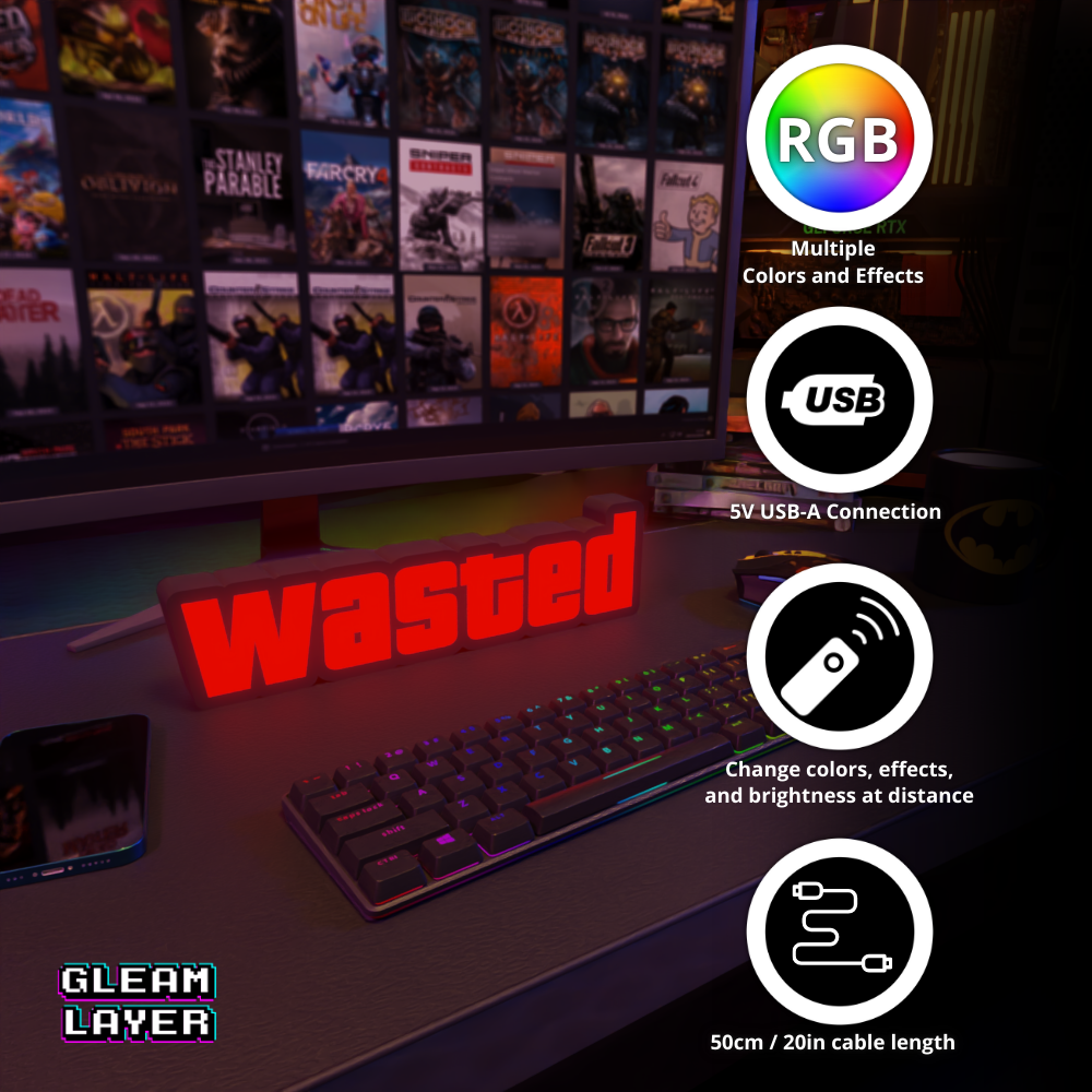 Wasted GTA Grand Theft Auto Led Gaming Light Sign