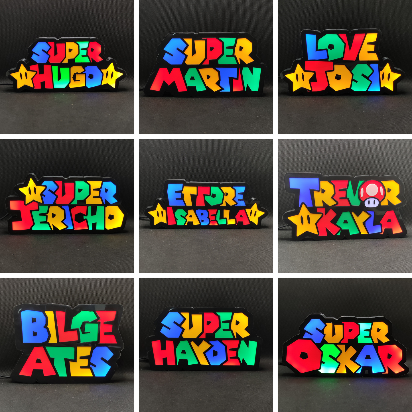 Nome personalizado estilo Super Mario - 2 nomes - Placa de caixa de luz LED