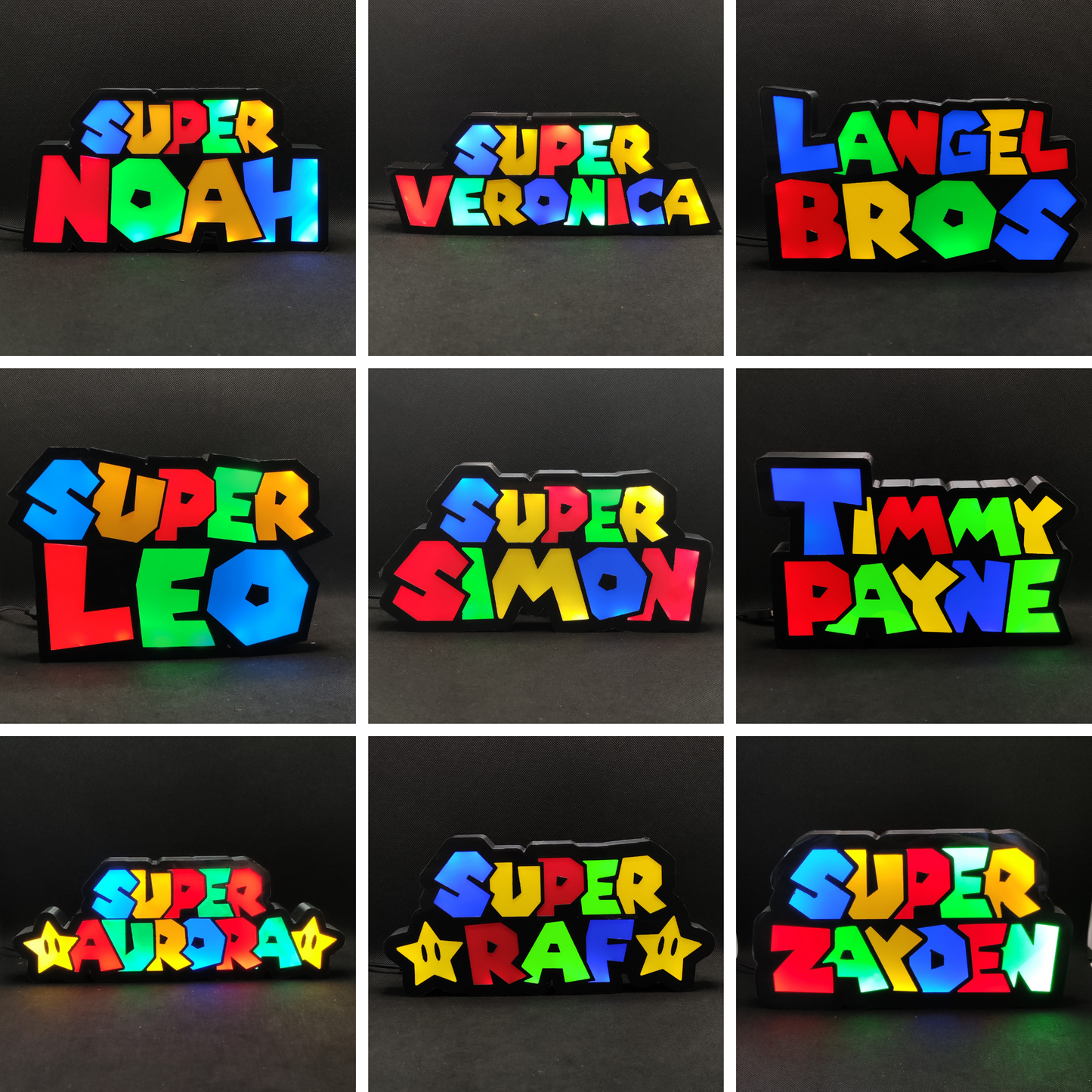 Benutzerdefinierter Name im Super Mario-Stil – 2 Namen – LED-Leuchtkastenschild