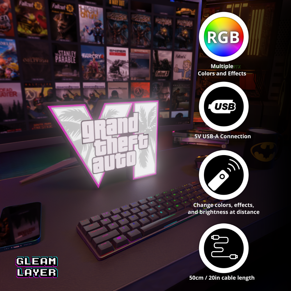 GTA VI Logo Grand Theft Auto 6 Led Gaming Light Sign