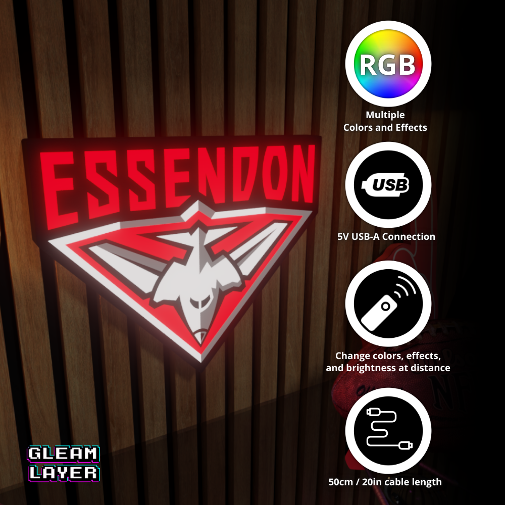 Essendon Bombers AFL Logo LED RGB Wall Display Light Sign