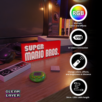 Super Mario Bros Led Retro Logo Gaming Light Sign