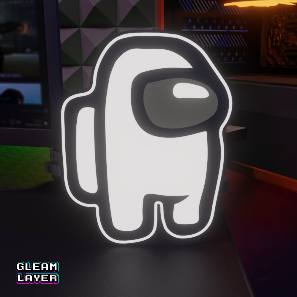 An LED light sign depicting the 'Among Us' game character Impostor in black and white.