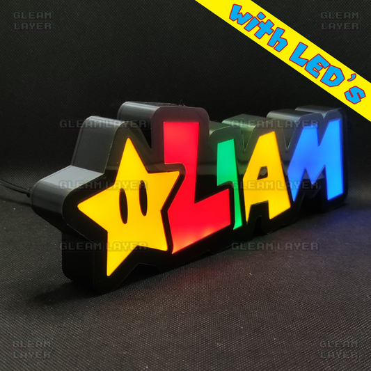 A left side view of the custom name Super Mario style LED RGB light sign highlighting its build quality, ideal for personalized room decoration.