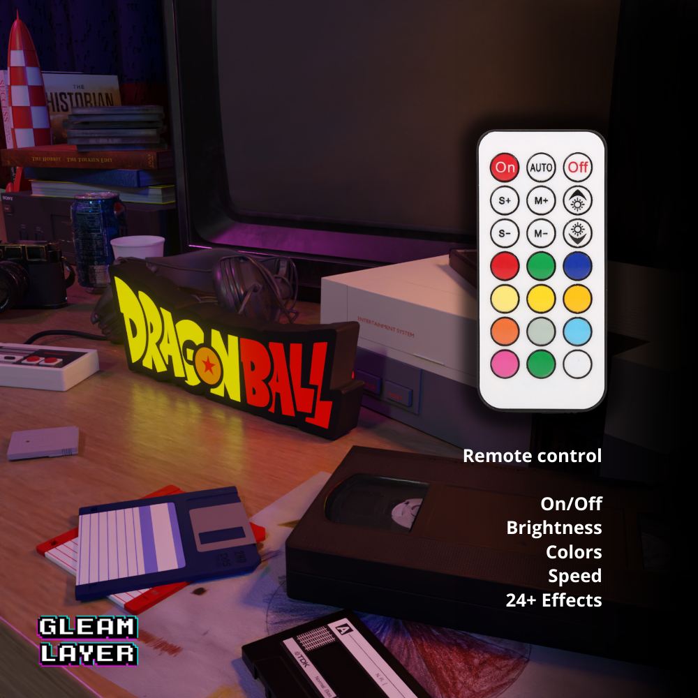 Close-up of the Dragon Ball LED RGB light sign remote control showing lighting modes and brightness settings, ideal as an anime gift item.