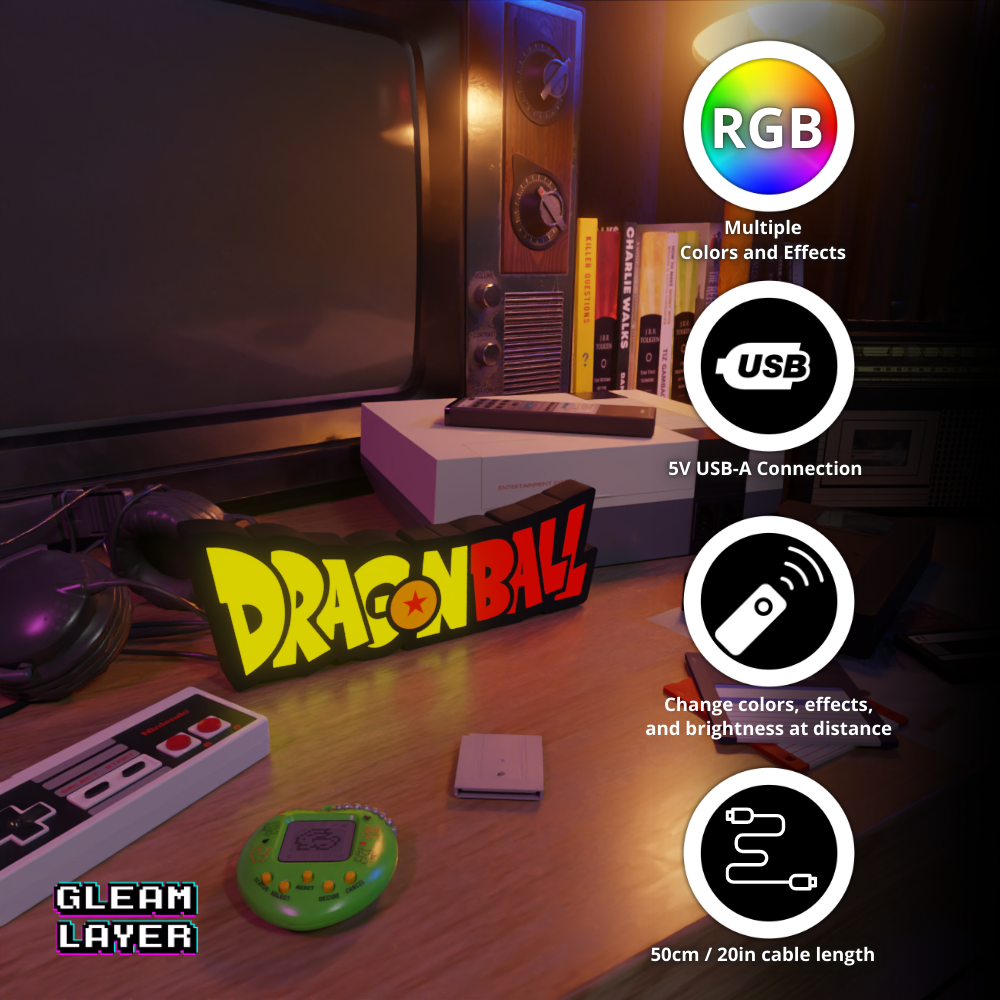 A Dragon Ball LED RGB light sign displaying color options, USB connection, and remote control features for gaming and room decoration.