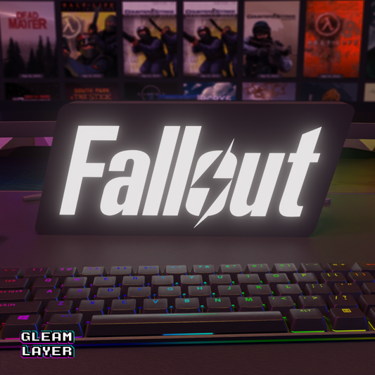 An illuminated Fallout LED gaming RGB light sign shown from the front, placed in a modern gaming setup environment.