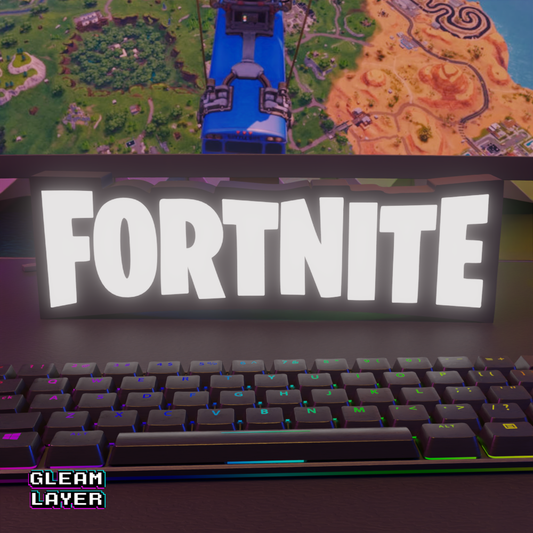An illuminated Fortnite LED RGB gaming light sign shown from the front, perfect for battle royale gaming setup and room decor.