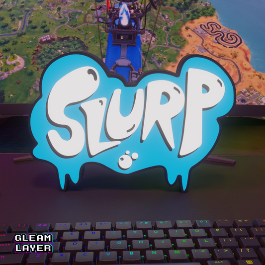 An illuminated Fortnite Slurp Juice LED RGB gaming light sign shown from the front, perfect for Battle Royale gaming setup and room decor.