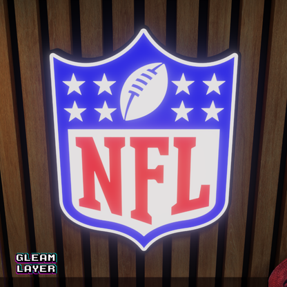 An illuminated NFL LED RGB lightbox wall display sign shown from the front, perfect for sports room decor and gaming setup.
