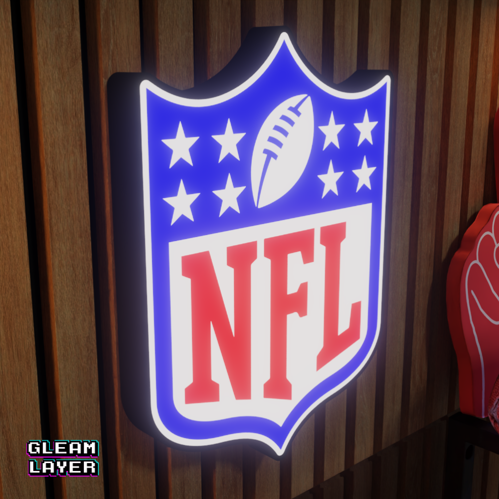 A left side view of the NFL LED RGB lightbox sign highlighting its build quality, ideal for sports themed room decoration.