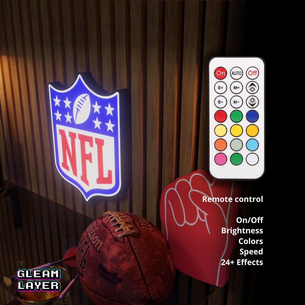 Close-up of the NFL LED RGB lightbox sign remote control showing lighting modes and brightness settings, ideal as a gift for sports fans.