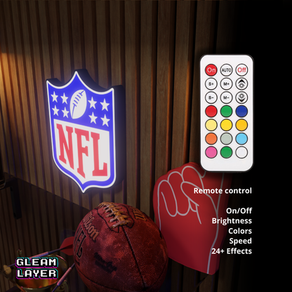 Close-up of the NFL LED RGB lightbox sign remote control showing lighting modes and brightness settings, ideal as a gift for sports fans.