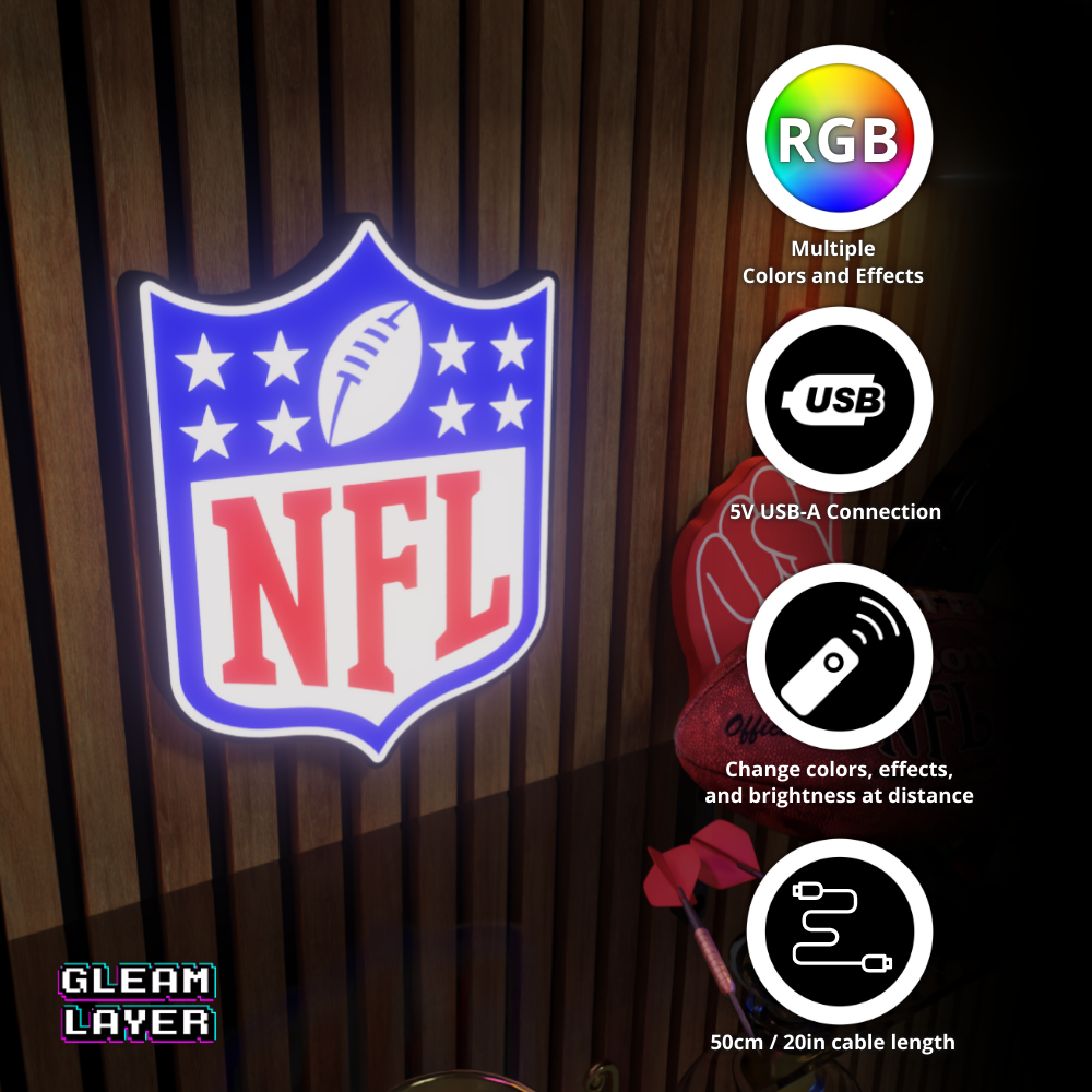 An NFL LED RGB lightbox sign displaying multiple color options, USB connection, and remote control features for sports room decoration.