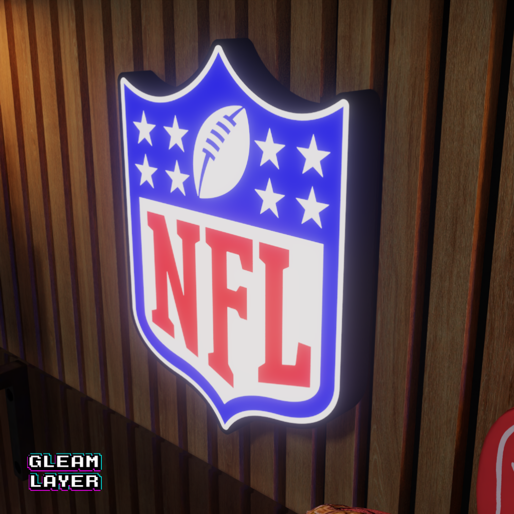 A right side perspective of the NFL LED RGB lightbox sign showing depth and structure, designed for sports room lighting.