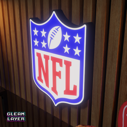 A right side perspective of the NFL LED RGB lightbox sign showing depth and structure, designed for sports room lighting.