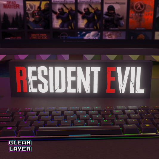 An illuminated Resident Evil LED RGB gaming light sign shown from the front, perfect for gaming setup and horror themed room decor.