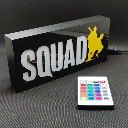 A left side view of the SQUAD military combat game LED RGB light sign highlighting its build quality, ideal for tactical gaming room decoration.