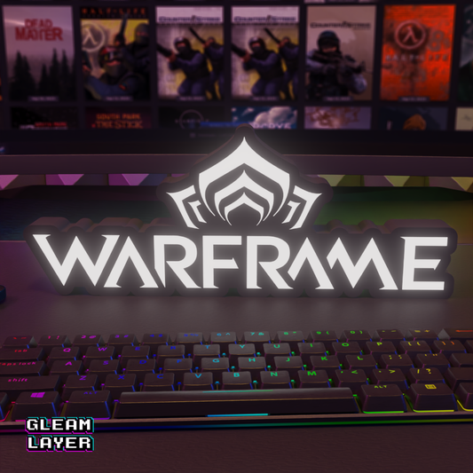 An illuminated Warframe LED RGB gaming light sign shown from the front, perfect for sci-fi gaming setup and room decor.